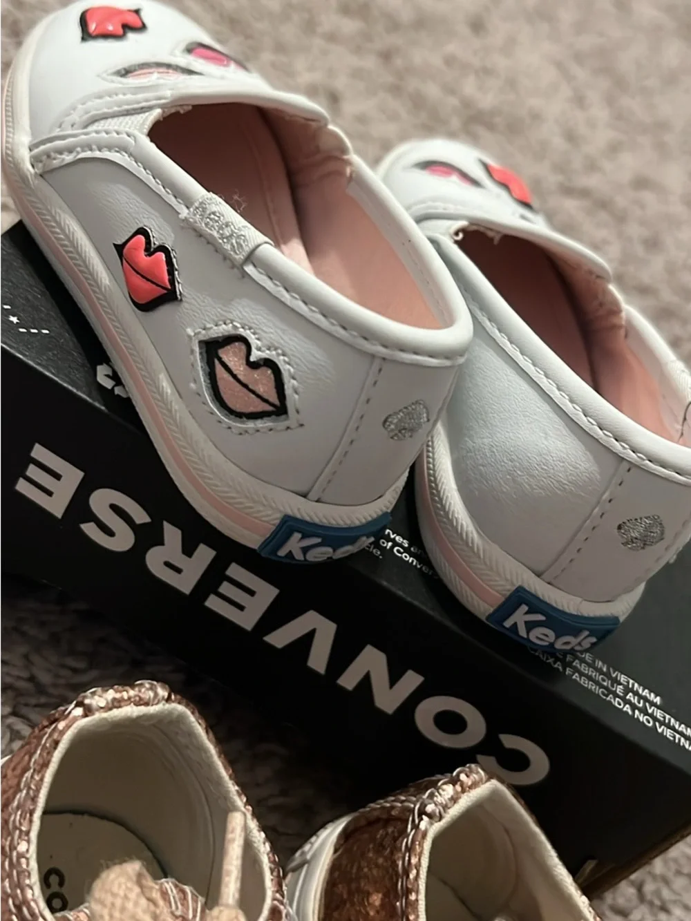 Converse pink glitter sneakers and Kate spade White lips Slip-Ons